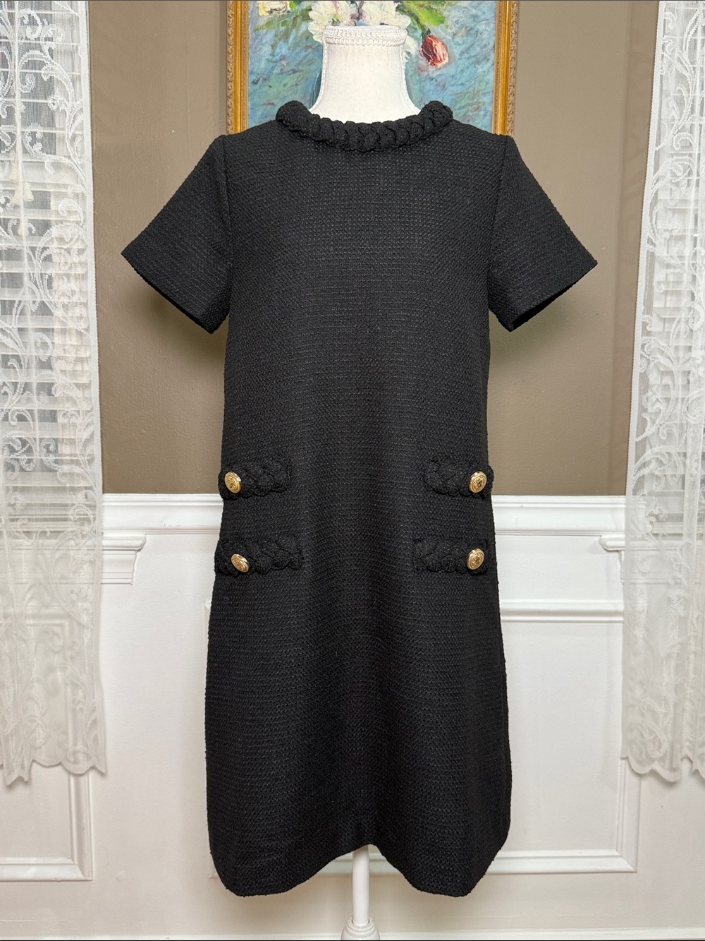 Tuckernuck Jackie Black Tweed Shift Dress Gold Buttons Size S - Picture 2 of 11